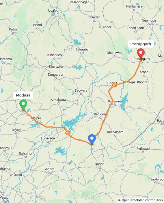 Route map showing distance and travel time from Modasa, India to Pratapgarh, India