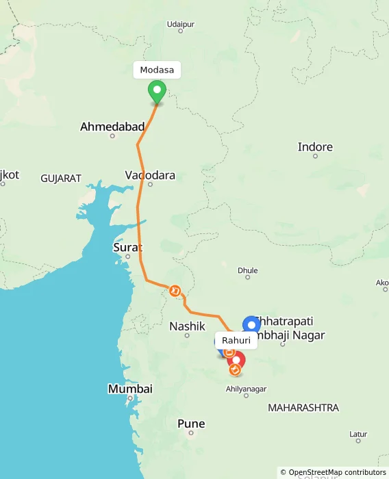 Route map showing distance and travel time from Modasa, India to Rahuri, India