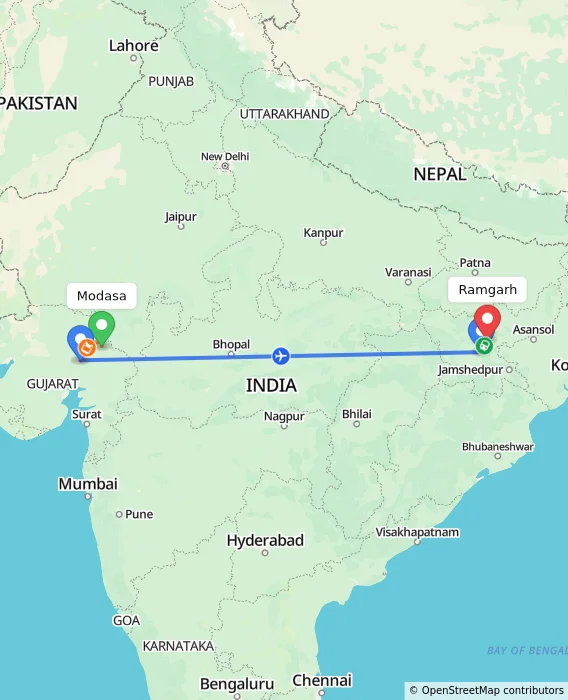 Route map showing distance and travel time from Modasa, India to Ramgarh, India