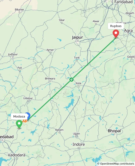 Route map showing distance and travel time from Modasa, India to Rupbas, India