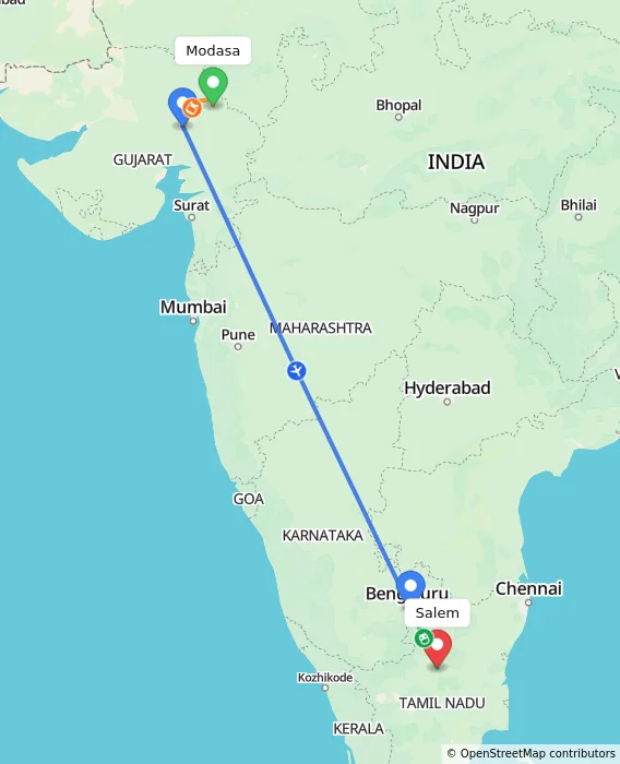 Route map showing distance and travel time from Modasa, India to Salem, India