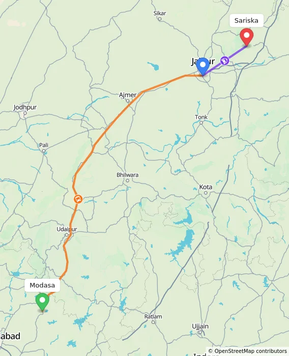 Route map showing distance and travel time from Modasa, India to Sariska, India