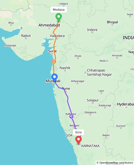 Route map showing distance and travel time from Modasa, India to Sirsi, India