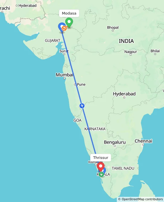 Route map showing distance and travel time from Modasa, India to Thrissur, India