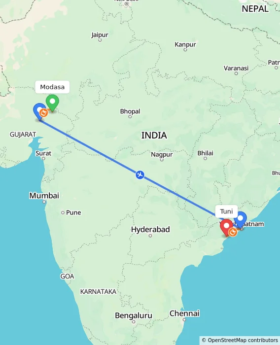 Route map showing distance and travel time from Modasa, India to Tuni, India