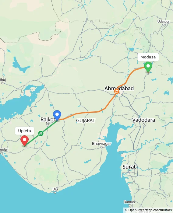 Route map showing distance and travel time from Modasa, India to Upleta, India