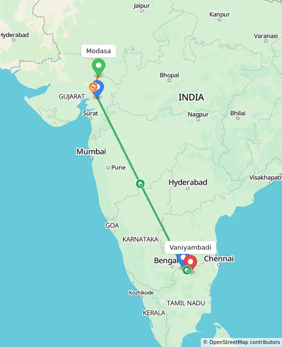Route map showing distance and travel time from Modasa, India to Vaniyambadi, India