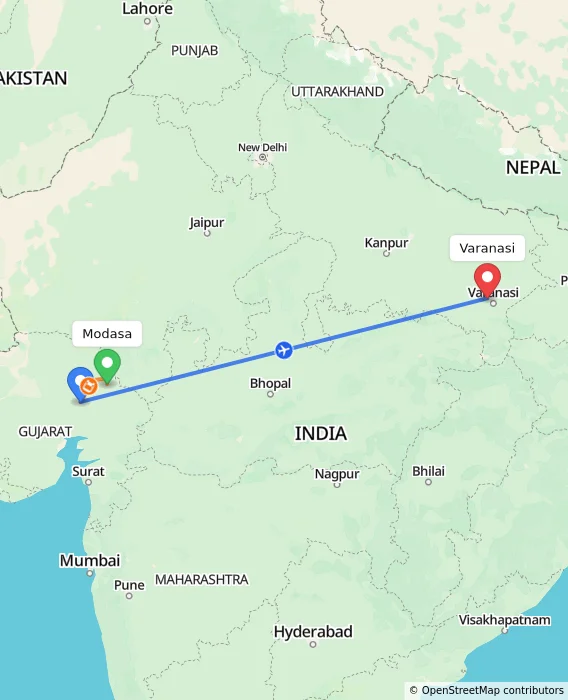 Route map showing distance and travel time from Modasa, India to Varanasi, India