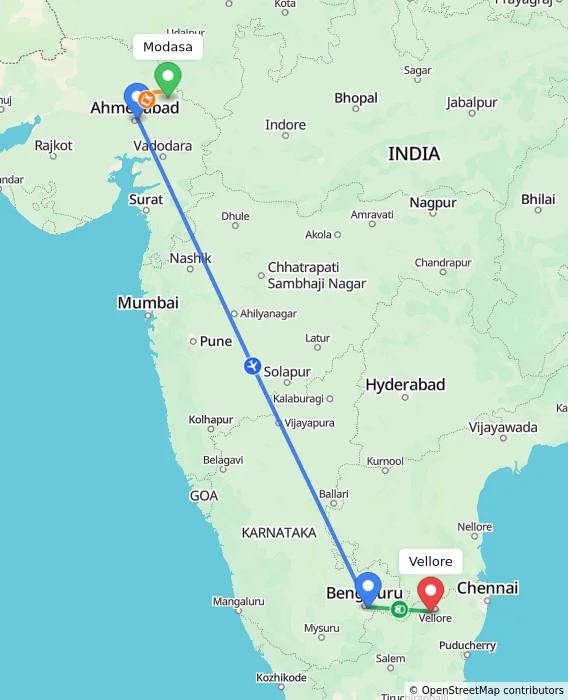Route map showing distance and travel time from Modasa, India to Vellore, India