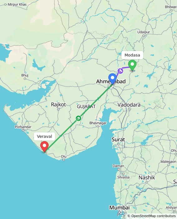 Route map showing distance and travel time from Modasa, India to Veraval, India