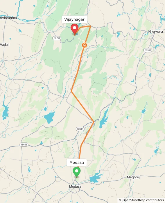 Route map showing distance and travel time from Modasa, India to Vijaynagar, India