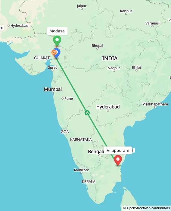 Route map showing distance and travel time from Modasa, India to Viluppuram, India