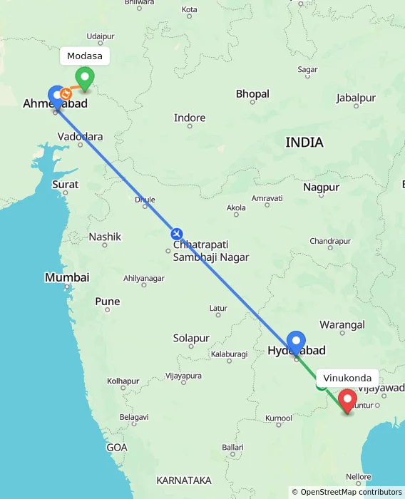 Route map showing distance and travel time from Modasa, India to Vinukonda, India