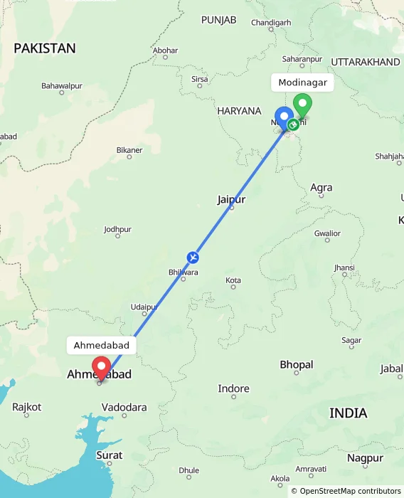 Route map showing distance and travel time from Modinagar, India to Ahmedabad, India