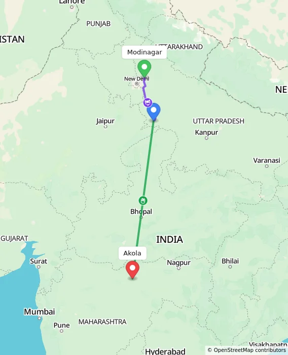 Route map showing distance and travel time from Modinagar, India to Akola, India