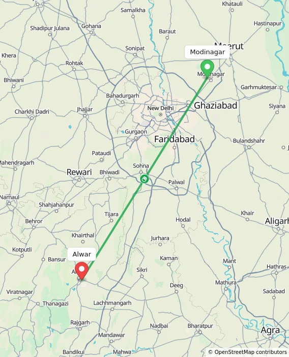 Route map showing distance and travel time from Modinagar, India to Alwar, India