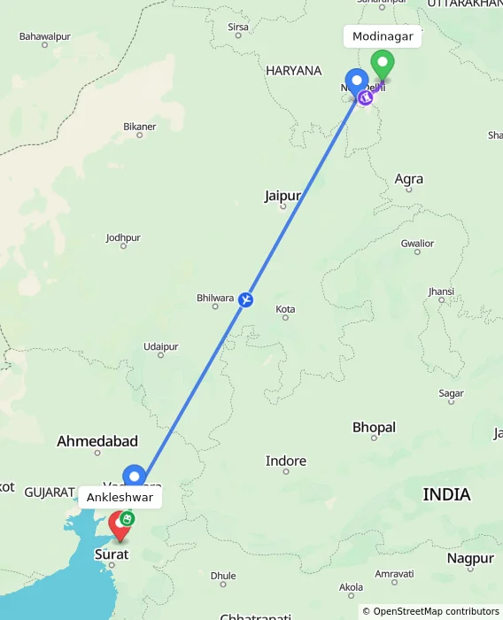 Route map showing distance and travel time from Modinagar, India to Ankleshwar, India