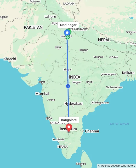 Route map showing distance and travel time from Modinagar, India to Bangalore, India