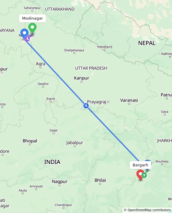 Route map showing distance and travel time from Modinagar, India to Bargarh, India