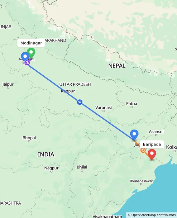 Route map showing distance and travel time from Modinagar, India to Baripada, India