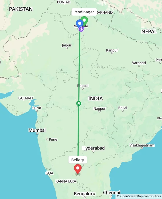 Route map showing distance and travel time from Modinagar, India to Bellary, India