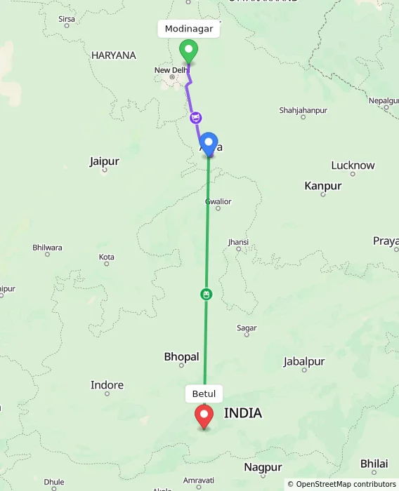 Route map showing distance and travel time from Modinagar, India to Betul, India