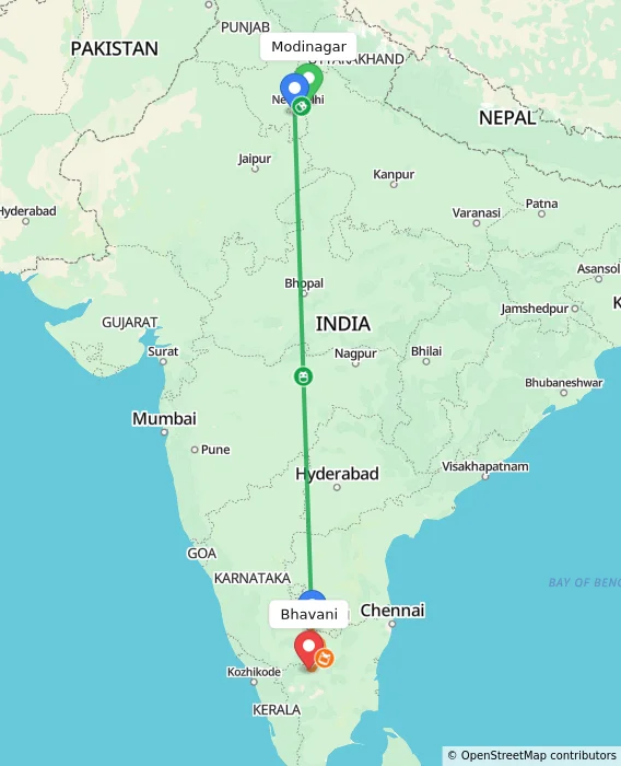 Route map showing distance and travel time from Modinagar, India to Bhavani, India
