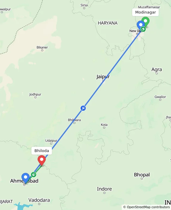 Route map showing distance and travel time from Modinagar, India to Bhiloda, India