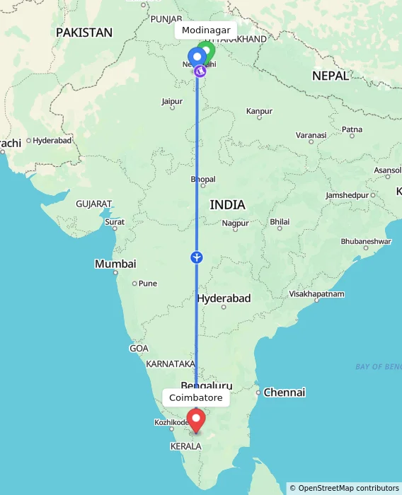 Route map showing distance and travel time from Modinagar, India to Coimbatore, India