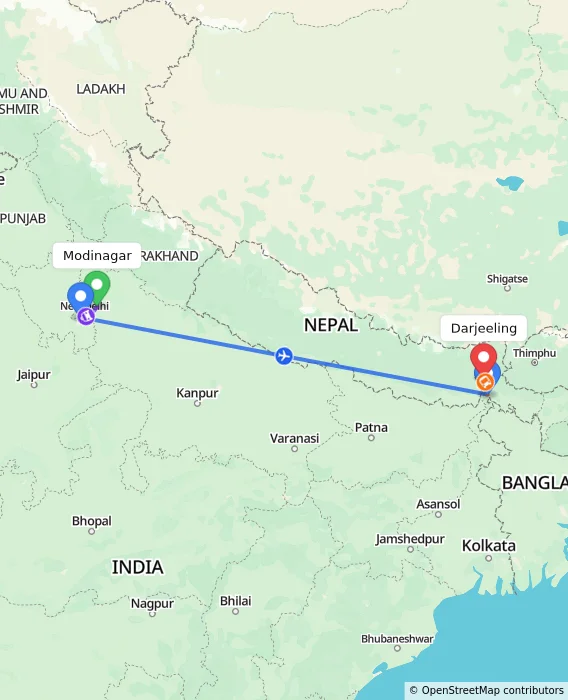 Route map showing distance and travel time from Modinagar, India to Darjeeling, India