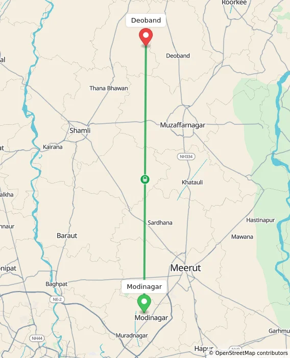 Route map showing distance and travel time from Modinagar, India to Deoband, India
