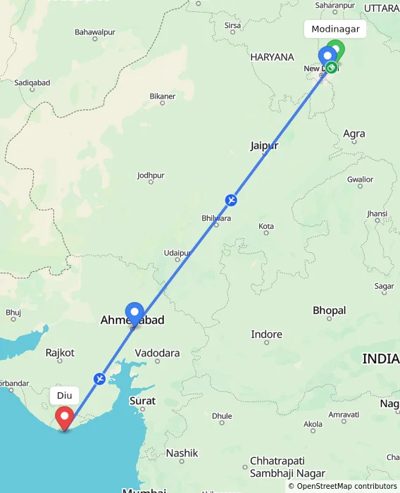 Route map showing distance and travel time from Modinagar, India to Diu, India