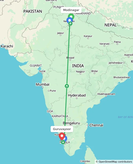 Route map showing distance and travel time from Modinagar, India to Guruvayoor, India