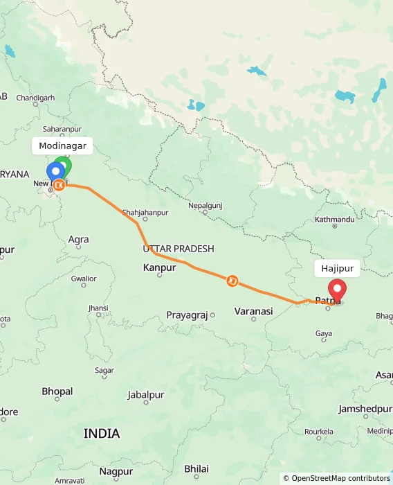 Route map showing distance and travel time from Modinagar, India to Hajipur, India