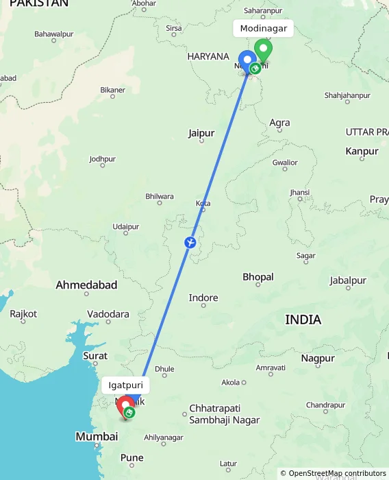Route map showing distance and travel time from Modinagar, India to Igatpuri, India