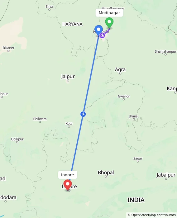 Route map showing distance and travel time from Modinagar, India to Indore, India
