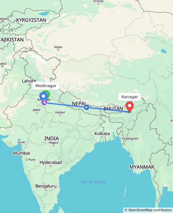 Route map showing distance and travel time from Modinagar, India to Itanagar, India