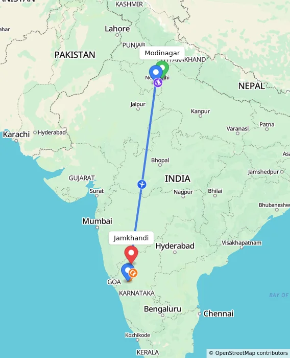 Route map showing distance and travel time from Modinagar, India to Jamkhandi, India