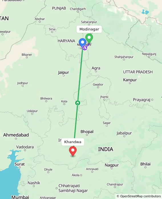 Route map showing distance and travel time from Modinagar, India to Khandwa, India