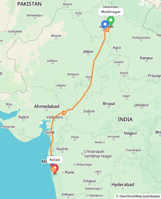 Route map showing distance and travel time from Modinagar, India to Kolad, India