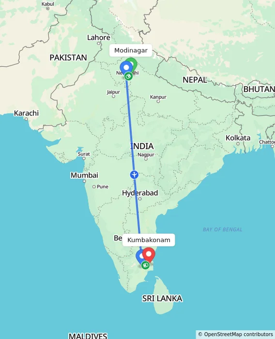 Route map showing distance and travel time from Modinagar, India to Kumbakonam, India