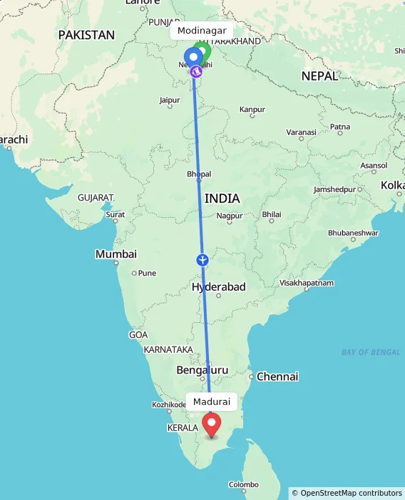 Route map showing distance and travel time from Modinagar, India to Madurai, India