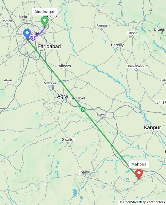 Route map showing distance and travel time from Modinagar, India to Mahoba, India