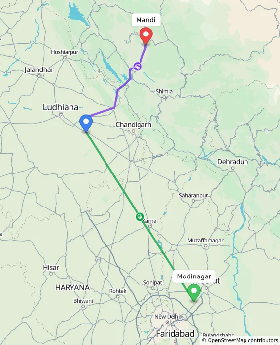 Route map showing distance and travel time from Modinagar, India to Mandi, India