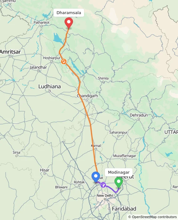 Route map showing distance and travel time from Modinagar, India to Dharamsala, India