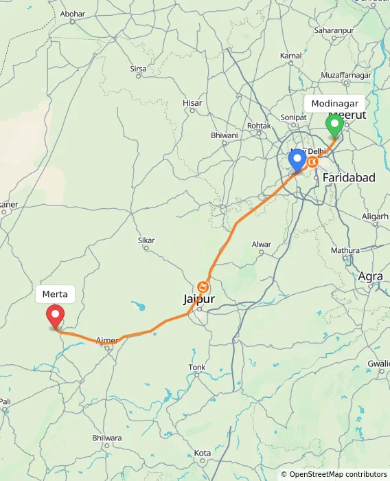 Route map showing distance and travel time from Modinagar, India to Merta, India