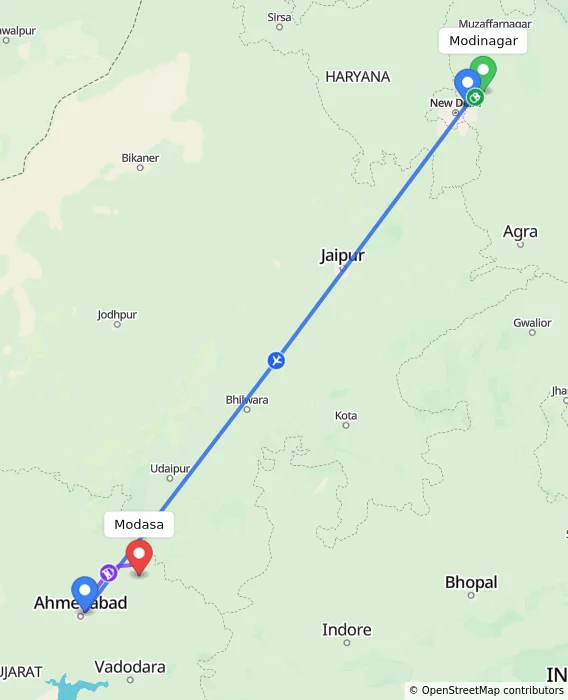 Route map showing distance and travel time from Modinagar, India to Modasa, India