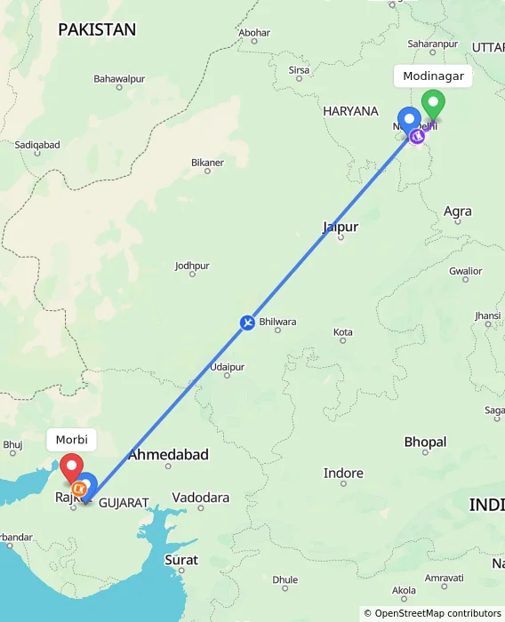 Route map showing distance and travel time from Modinagar, India to Morbi, India