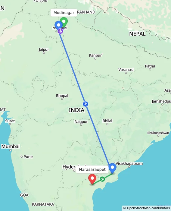 Route map showing distance and travel time from Modinagar, India to Narasaraopet, India