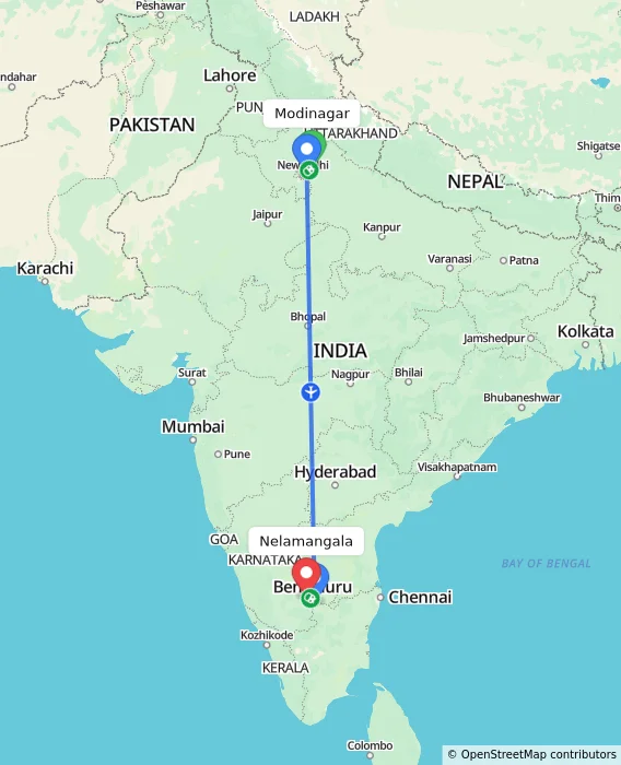 Route map showing distance and travel time from Modinagar, India to Nelamangala, India